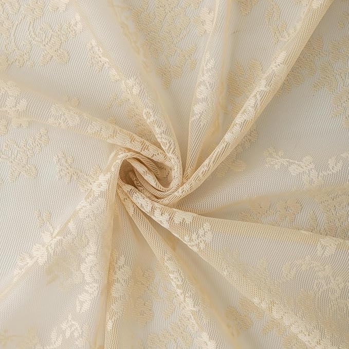 YJ YANJUN Vintage Lace Curtains 30 Inch Length- Cottage Floral Short Beige - Image 4