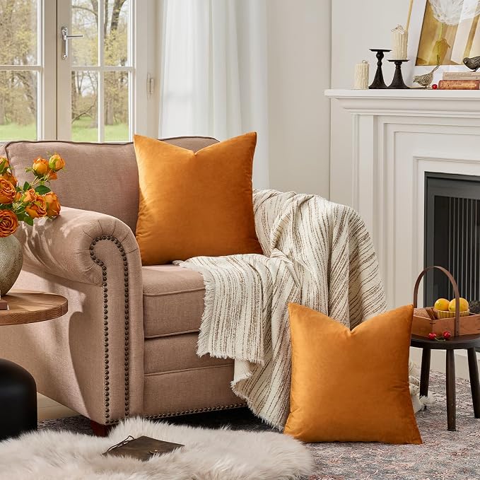 GIGIZAZA Orange Velvet Pillow Covers 20x20 Decorative Pillows Pack of 2 | Throw - Image 3