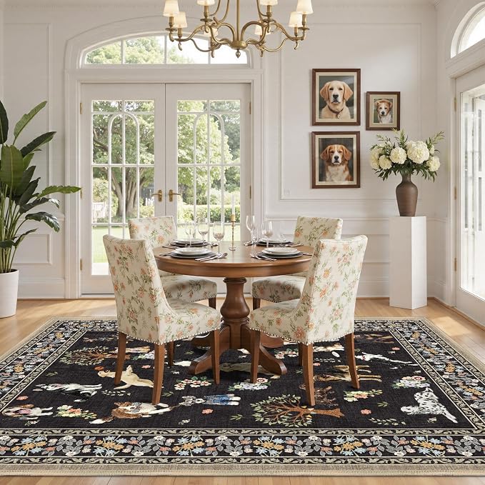 Black Floral Area Rug 8x10 for Living Room Bedroom | Large Soft Dog Rugs for - Image 5