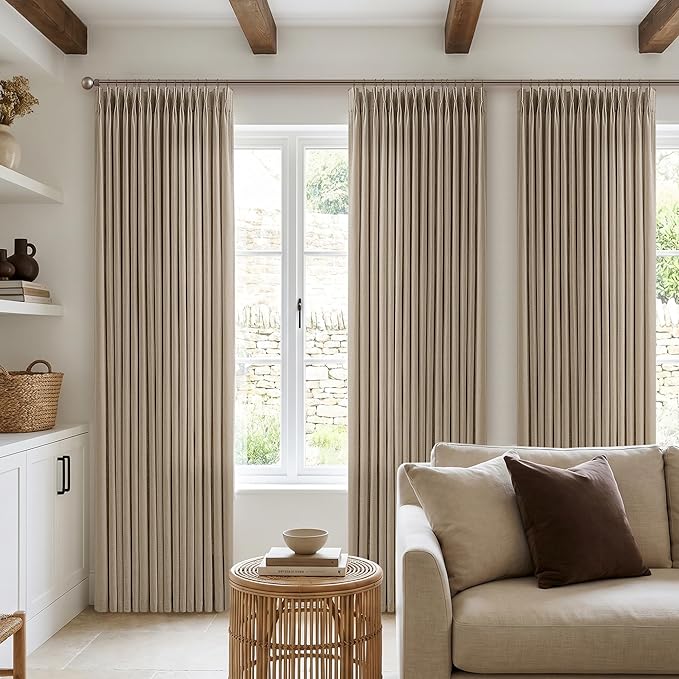 Camel Tan 105 Inch Linen Pinch Pleat Semi Sheer Curtains 50Wx105L 2 Panels | - Image 7