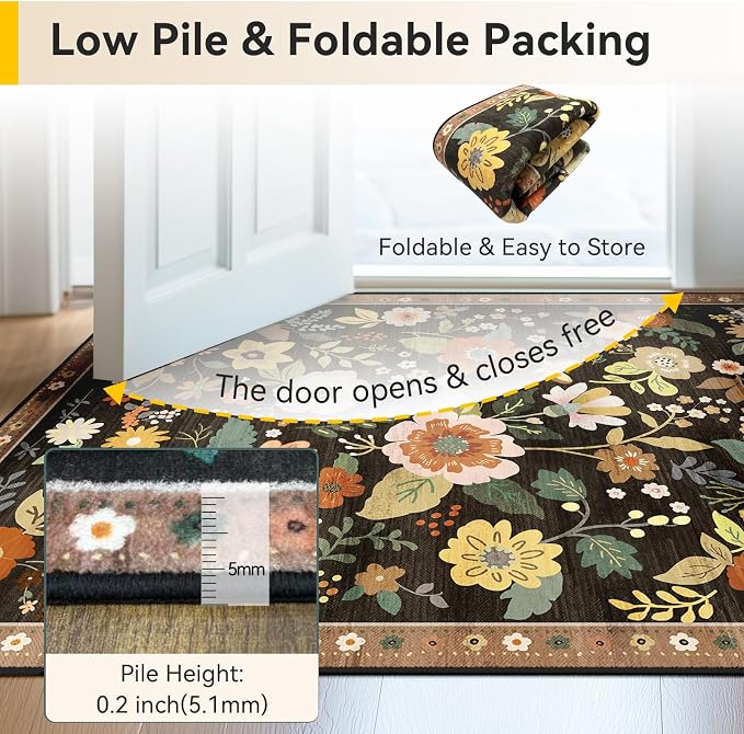 RELEANY Floral Washable 8x10 Area Rugs Black/Yellow | Flower Carpet Print Boho - Image 4