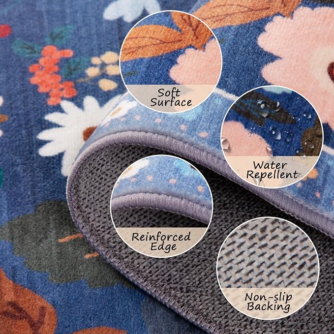 RELEANY Floral Washable 4x6 Area Rugs Blue/Grey | Flower Carpet Print Boho Cute - Image 3