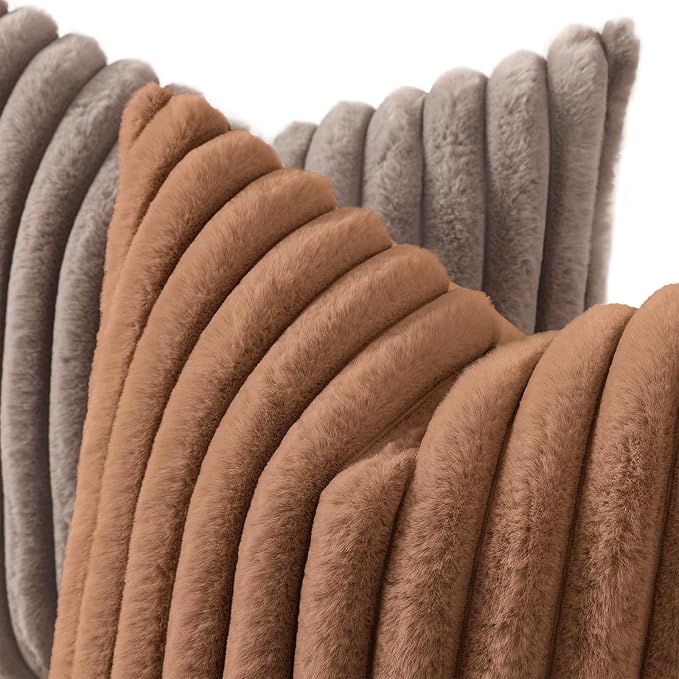 decorUhome Fall Faux Fur Throw Pillow Covers 18x18 Set of 2 Brown | Decorative - Image 2