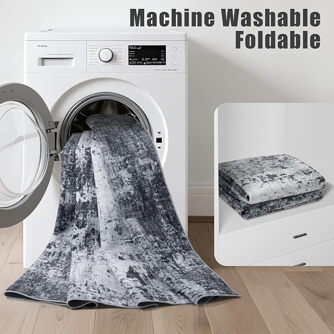 3x14 Washable Runner Rug：Modern Abstract Soft Carpet Dark Black | - Image 5