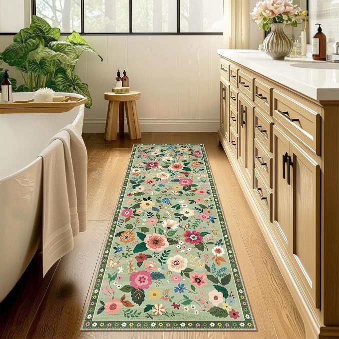 Floral Washable 2x10 Area Rugs Runner Entryway Hallway LightGreen | Flower - Image 7