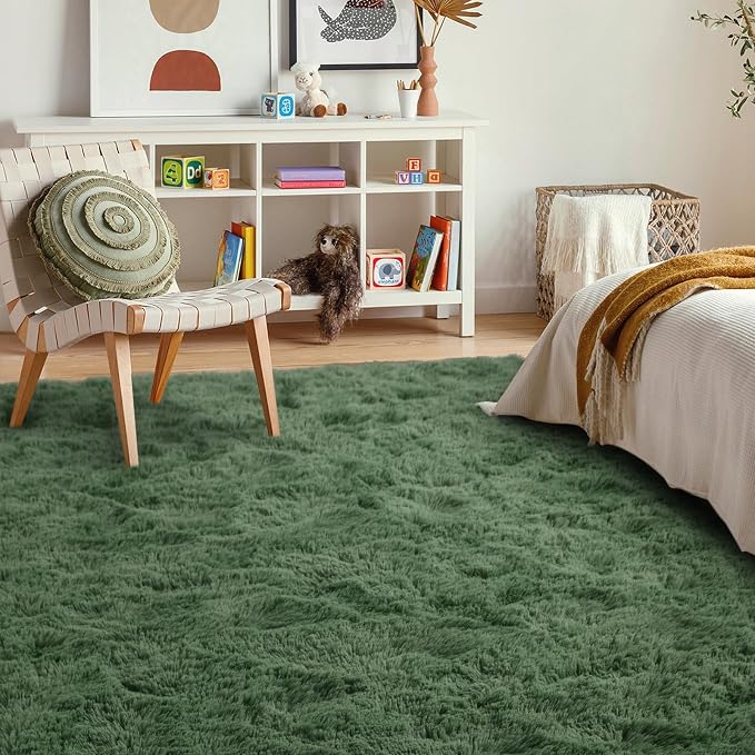 5x7 Ft Shag Green Area Rug for Bedroom Living Room, Ultra Soft Fluffy Furry - Image 3