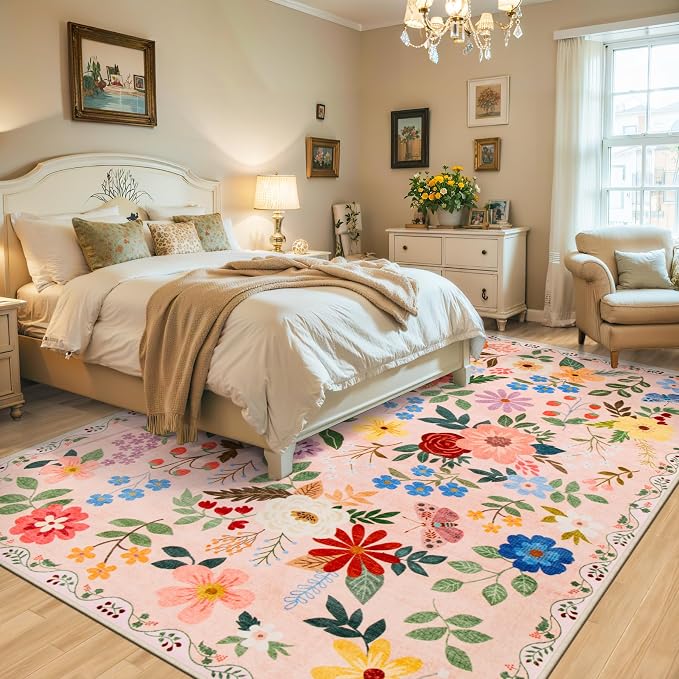 PLHXFR Area Rug 9x12 Living Room: Floral Washable Boho Soft Carpet Beige | - Image 3