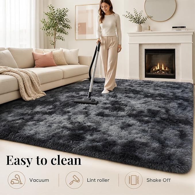 PLHXFR 8x10 Area Rugs Living Room: Fluffy Bedroom Soft Shag Rug Black Grey | - Image 8