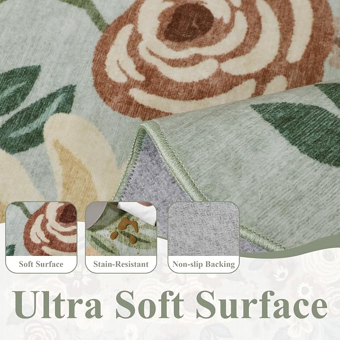 DUKINO 2x4 Rug for Entryway, Floral Washable Kitchen Rugs, Sage Green | Non Slip - Image 7