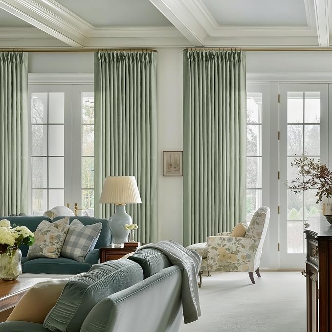Sage Green Pinch Pleat Semi Sheer Linen Curtains 102 Inches Long 2 Panels | - Image 6