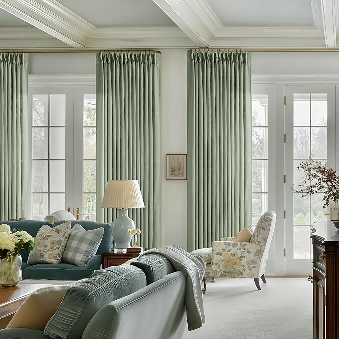 Sage Green Pinch Pleat Linen Semi Sheer Curtains 90 Inches Long 2 Panels | - Image 6