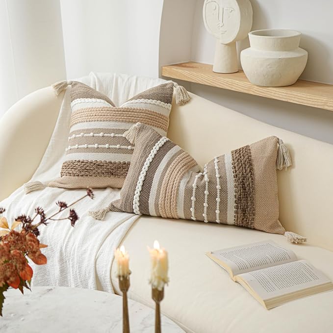 Brown Decorative Throw Pillow Cover 20x20 Square Boho Accent Pillowcase Tassels - Image 8