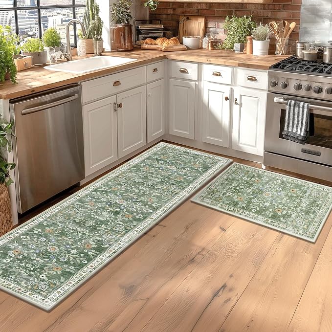 Yamaziot 2x8 Washable Hallway Runner Rug Non Slip Floral Carpet, Sage Green | - Image 3