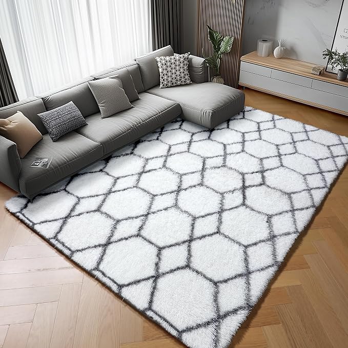 Area Rugs for Bedroom Living Room, 4x6 Fluffy White and Grey Geometric Rug | - Image 6