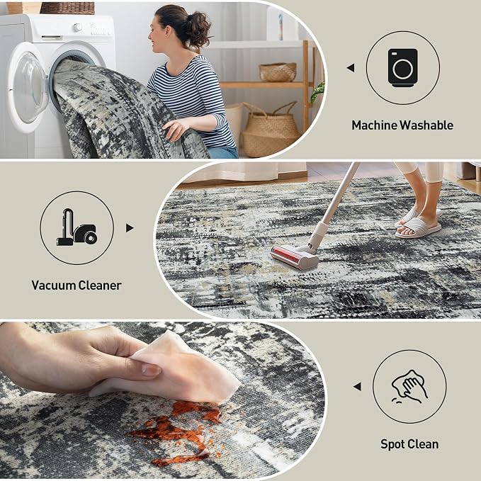 6x9 Area Rugs for Living Room: Washable Abstract Black Grey Gold Carpet | - Image 4