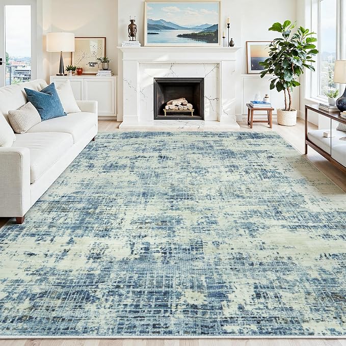 9x12 Washable Area Rug for Living Room Bedroom: Non-Slip Modern Blue Gray | by Oriannal