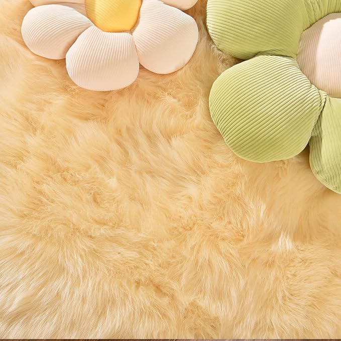 Latepis Yellow Circle Rug Faux Sheepskin Fur Round Rugs 4ft Washable Cute Plush - Image 6