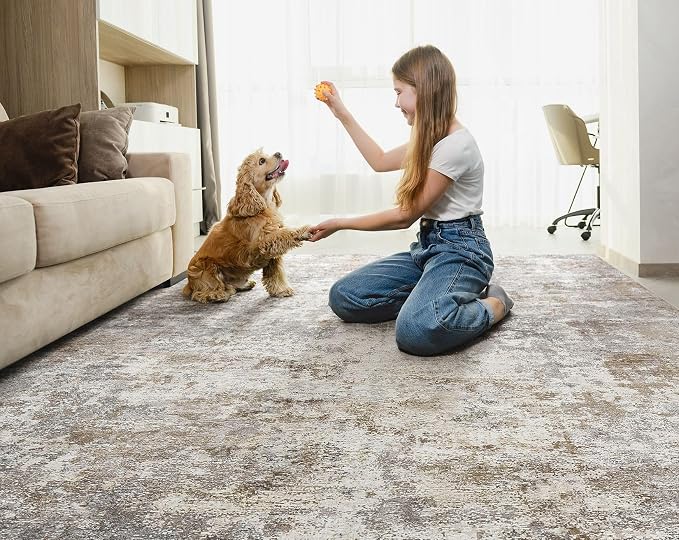 UERMEI 9x13 Area Rug Living Room Rugs Washable Neutral Brown Grey Carpet | - Image 5