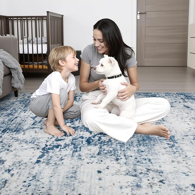 Area Rug Living Room: 6x6 Modern Washable Indoor Soft Carpet Blue | - Image 8