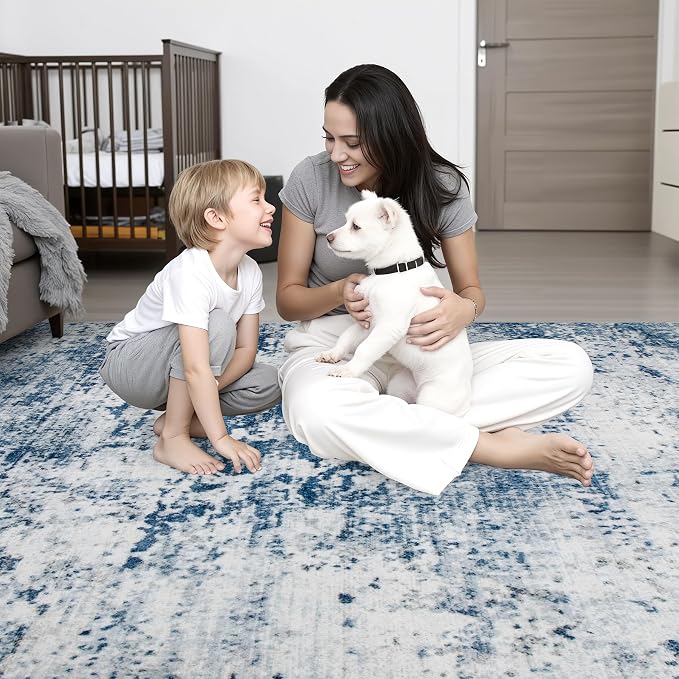 Round Area Rug Living Room: 6 ft Modern Washable Carpet Blue | - Image 7