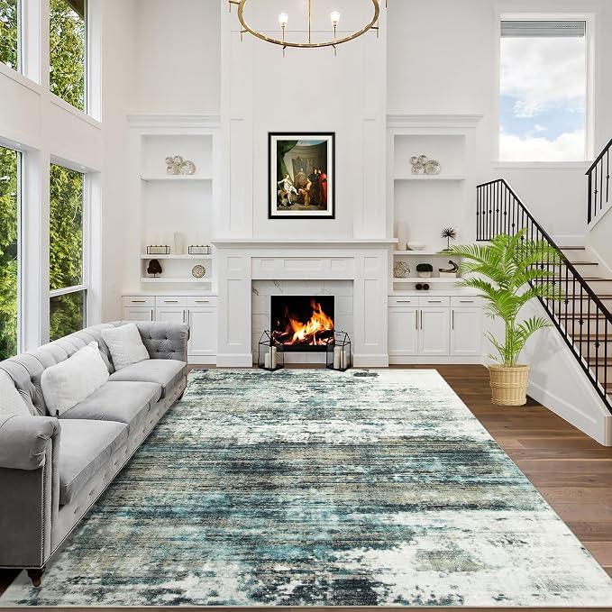4x6 Area Rugs for Living Room: Washable Abstract Teal Green Badroom Carpet | by GENTDRIZZ