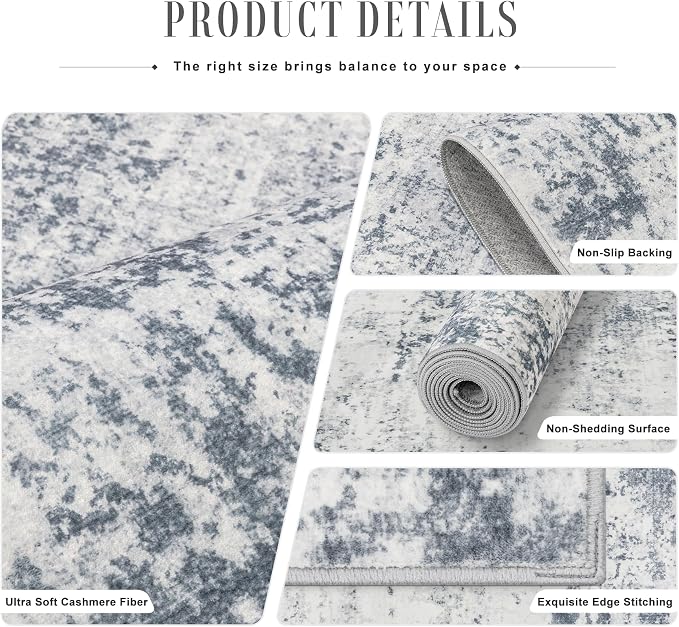 2.6x14 Washable Runner Rug:Modern Abstract Soft Carpet Blue Grey | - Image 5