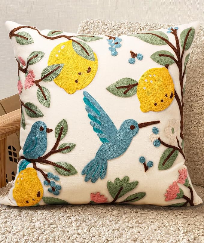 Embroidered Throw Pillow Cover 18x18 Inch, Bird Lemon | Decorative Pillow Cover by Kokaaee