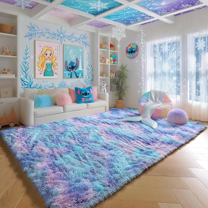 Plush Rainbow Mermaid Rugs for Bedroom Girls, 6x9 Soft Purple Shag Area Rugs - Image 3
