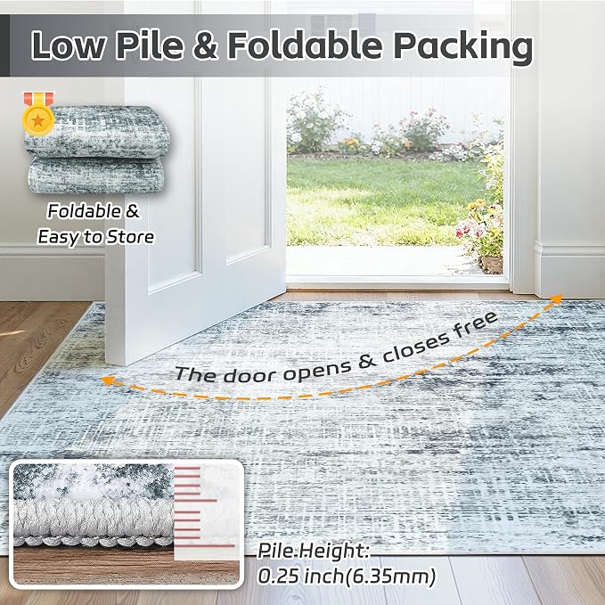 9x12 Washable Area Rug for Living Room Bedroom: Non-Slip Modern Black Grey | - Image 7