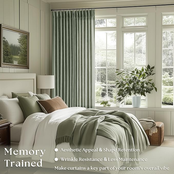 Sage Green Pinch Pleat Semi Sheer Linen Curtains 108 Inches Long 2 Panels | - Image 2
