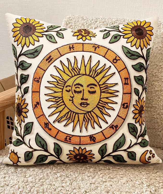 Embroidered Throw Pillow Cover 18x18 Inch, Sunflower Moon | Decorative Pillow by Kokaaee