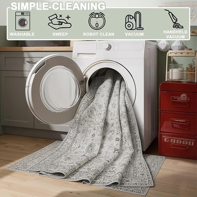 Grey Floral Area Rug 8x10 for Living Room Bedroom | Non Slip; Stain Resistant; - Image 5