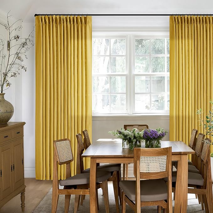 Mustard Yellow Pleated Semi Sheer Linen Curtains 102 Inches Long 2 Panel | - Image 8