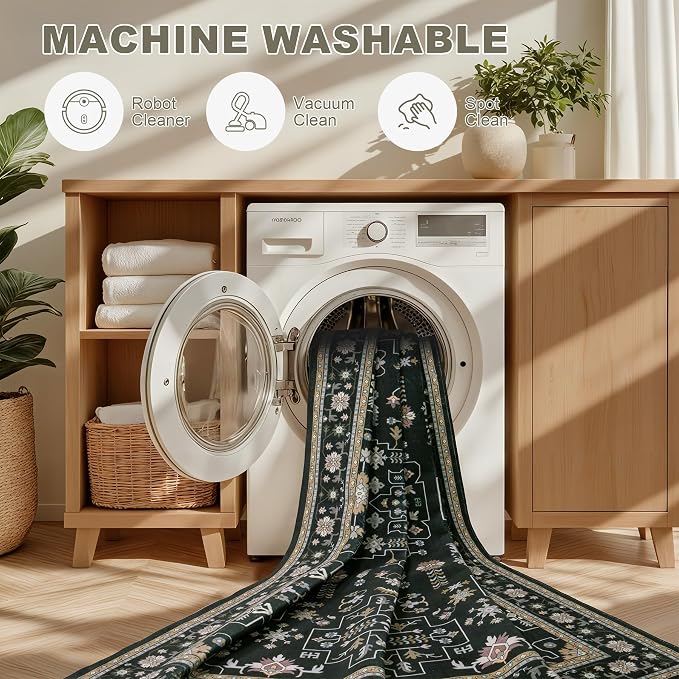 Round Area Rug for Living Room: 8ft Washable Rug for Bedroom Black | Vintage - Image 7