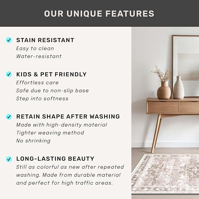 Washable Neutral Farmhouse Living Room Rug, 5x7 Area Rugs - Image 7