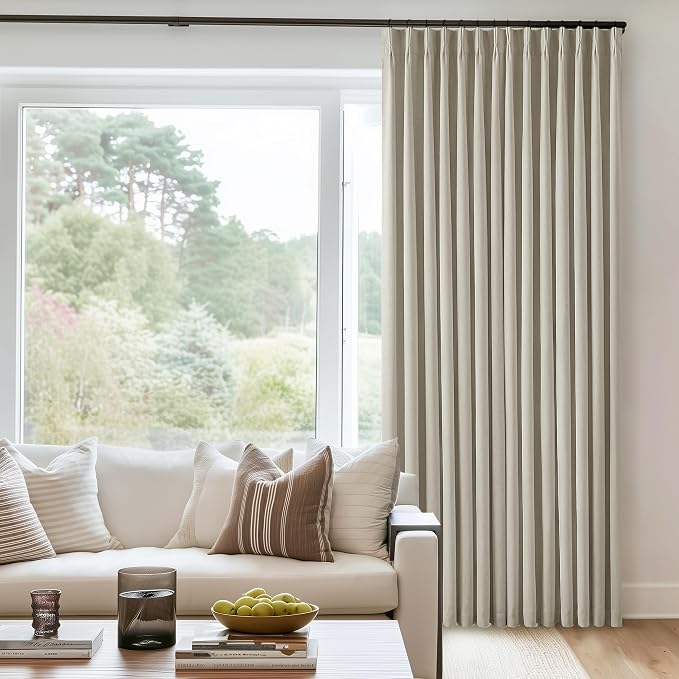 Oatmeal Beige Pinch Pleated 100% Black Out Linen Curtains 84 Inch Length | Room - Image 7