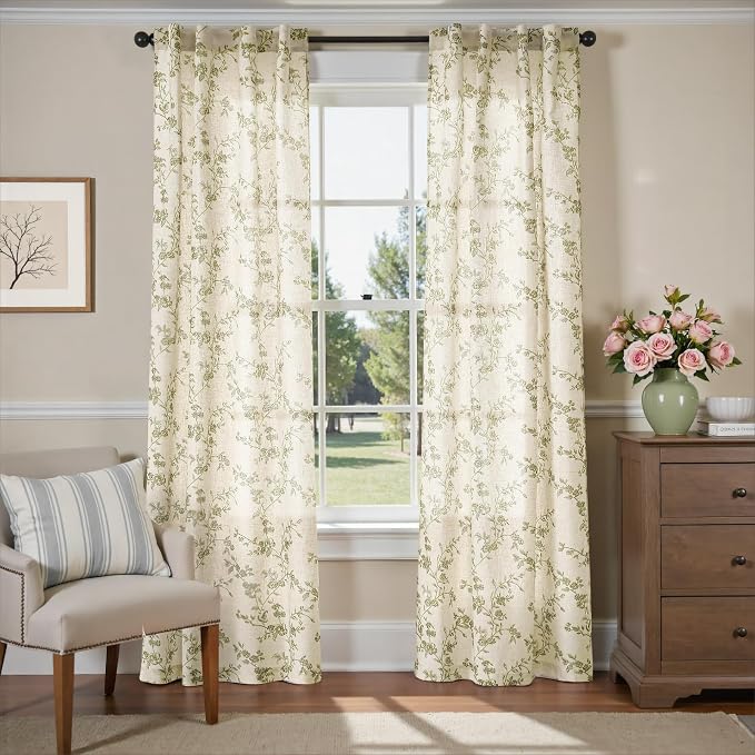 Extra Long Green Vintage Floral Linen Curtains Farmhouse 2 Panels | Elisa - Image 2