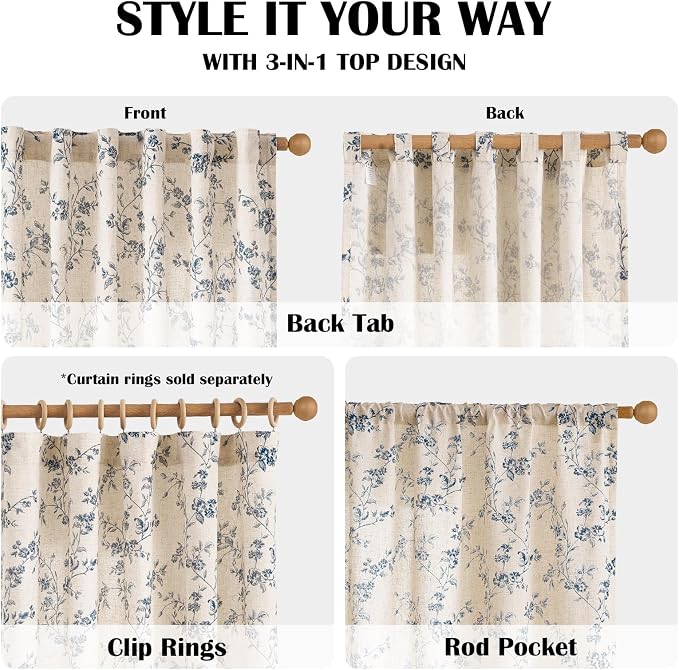 Extra Long Blue Vintage Floral Linen Curtains Farmhouse 2 Panels | Elisa Series - Image 5