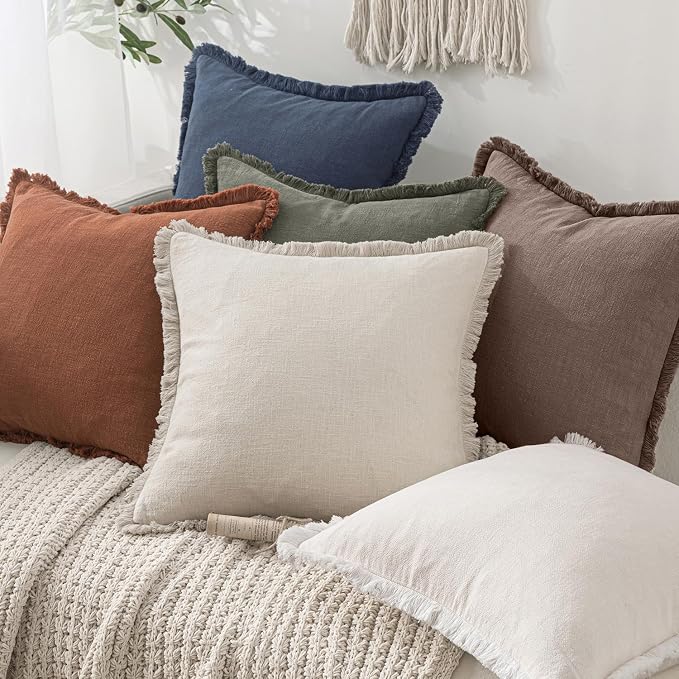 MIULEE Linen Fringe Decorative Fall Euro Pillow Covers Malt Ball 22x22 | Set of - Image 6
