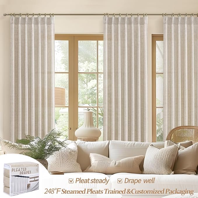 Natural Pinch Pleated Linen Curtains 92 Inches Long 2 Panels Set - Image 5