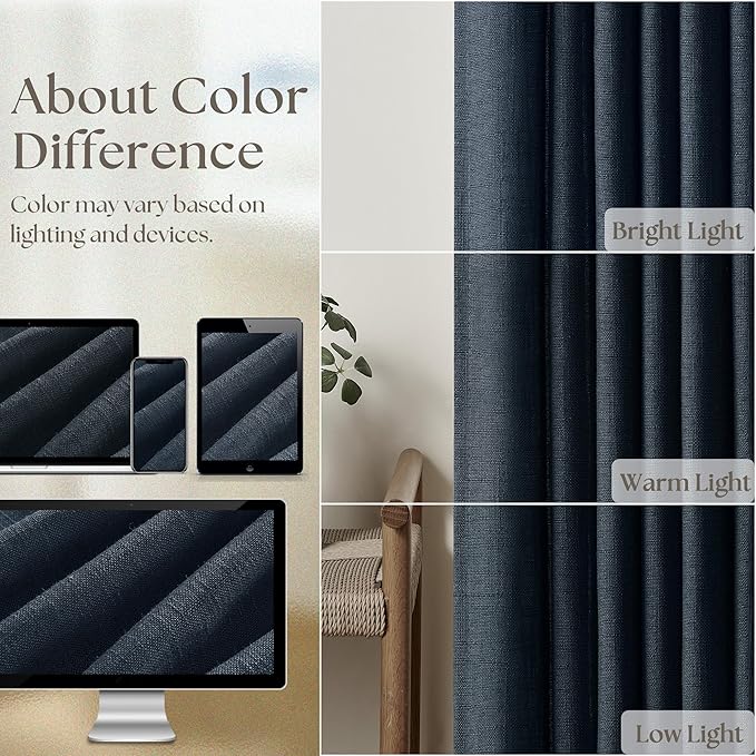 Pinch Pleated Navy Linen Curtains 84 Inches Long 2 Panels Set | Pinch Pleat - Image 4