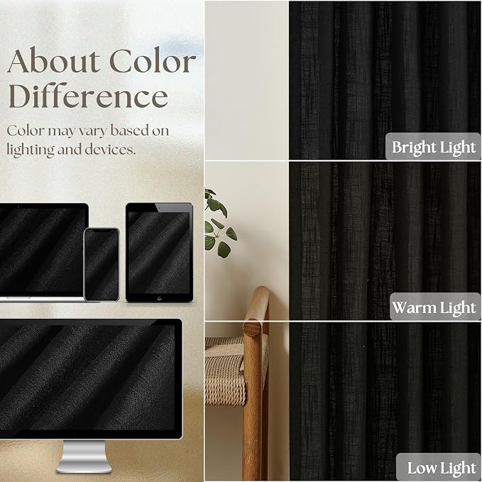 Black Pinch Pleated Linen Semi Sheer 80 Inch Curtains 2 Panels | Light Filtering - Image 4