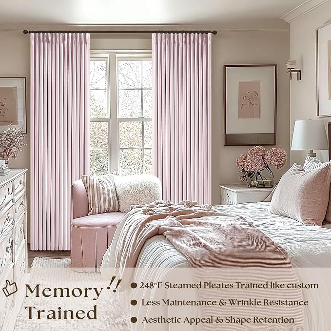 Light Pink Pinch Pleat 100% Blackout Linen Bedroom Curtains 96 Inch Length | - Image 2