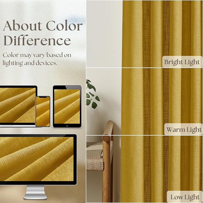 Mustard Yellow Pinch Pleated Linen Sheer Curtains 45 Inch Length 2 Panels | - Image 4