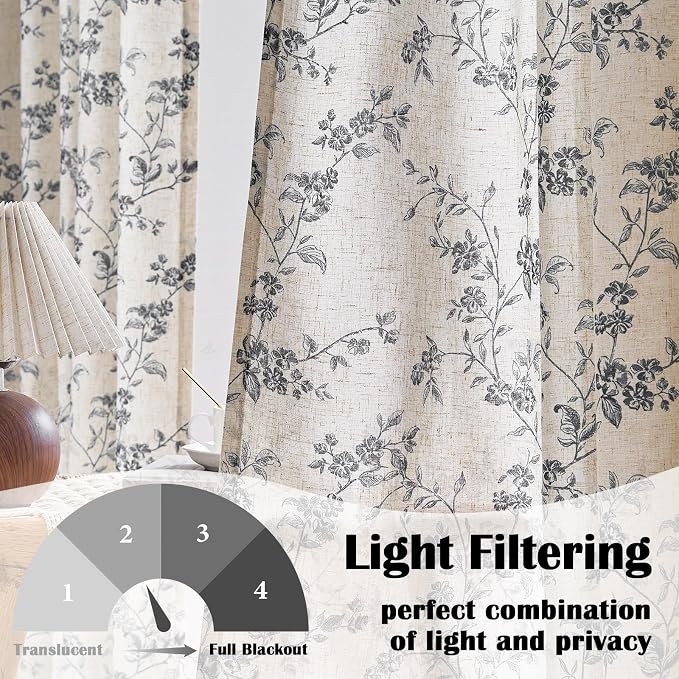 Black Vintage Floral Linen Curtains Farmhouse 50W X 84L 2 Panels | Elisa Series - Image 4