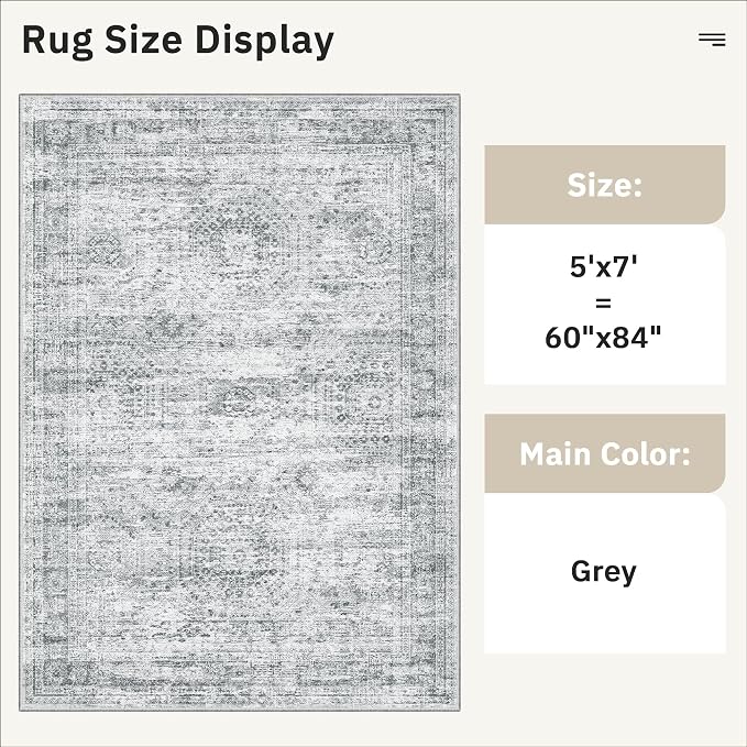 Soalmost 5x7 Area Rugs Grey Low Pile Washable Trendy Faded Style Rug | Vintage - Image 5