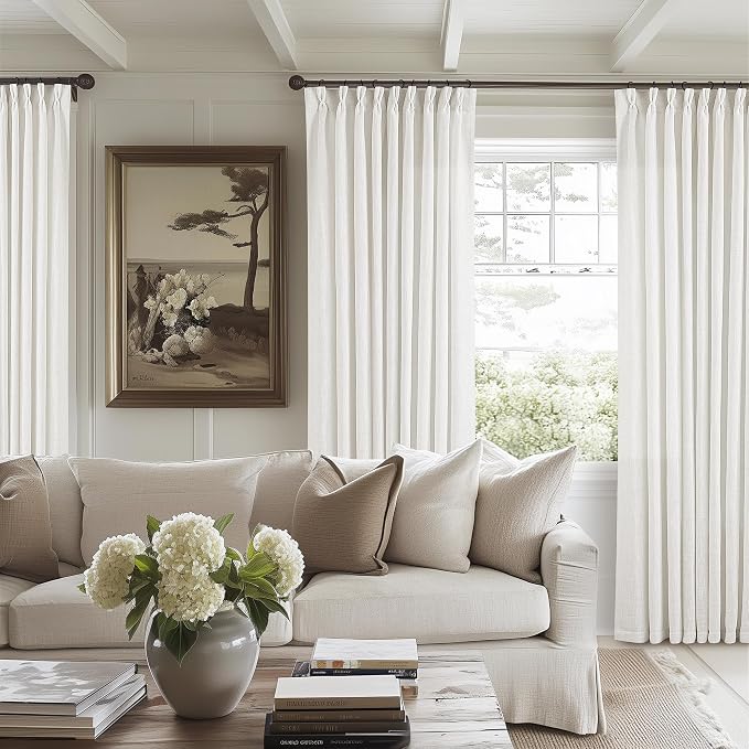 Beige White Pinch Pleated Semi Sheer Linen Curtain 1 Panel 60x108 | Memory - Image 5