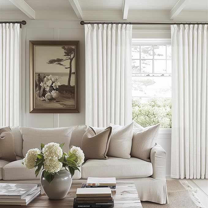Extra Wide Pinch Pleat 84 Inch Curtains 60 Inch Wide Beige White | Memory by Twodrapes