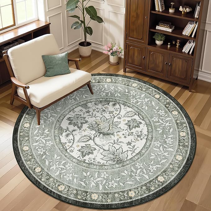 GarveeHome Provence Fog Gray Botanical Grove 6ft Round Rug, Small Circle by GarveeHome