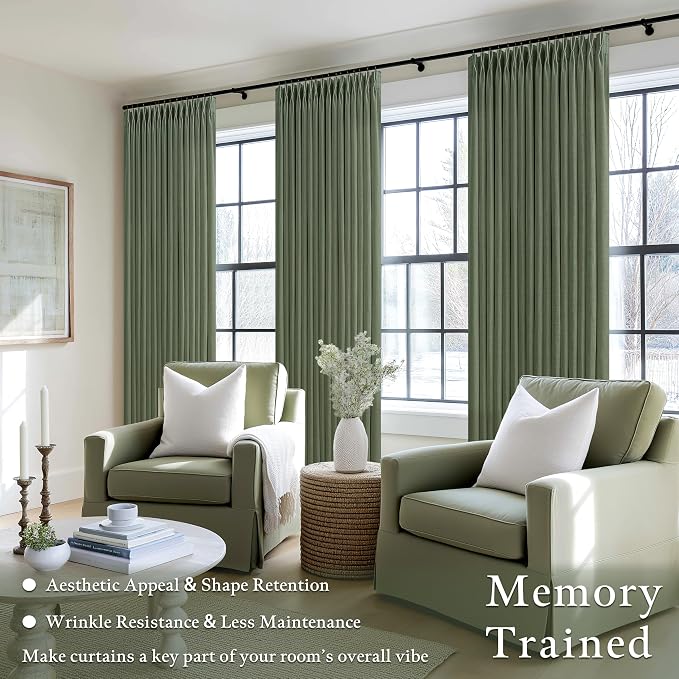 Dark Green Semi Sheer Privacy Linen Pinch Pleated Curtains 108 Inch Long | - Image 2